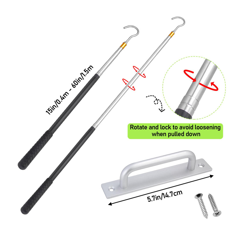 Attic Ladder Pull Down System Kit -60 Inch Telescopic Rod with Elegant Aluminum Alloy Handle and Stainless Steel Hook for Easy Rope Replacement
