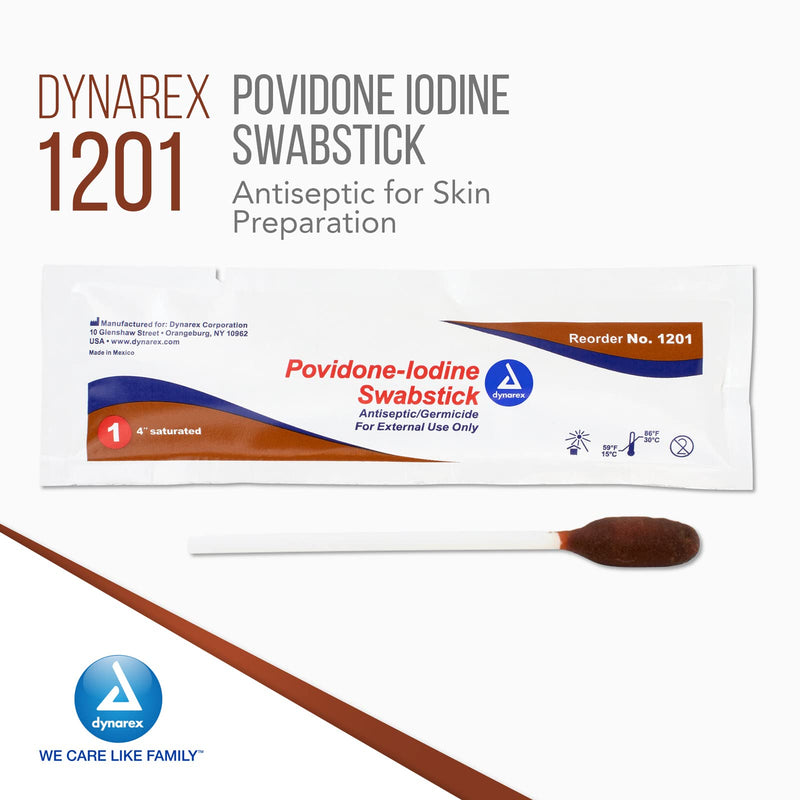 Dynarex Povidone Iodine Swabsticks, Swabstick Packaged in Individual Foil Pack, Antiseptic for Skin Preparation, Brown, 1 Box of 50 Povidone Iodine Swabsticks Unflavored 50 Count (Pack of 1)