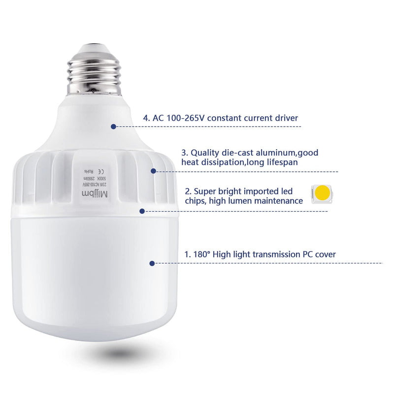 2550LM Super Bright LED Light Bulbs 23W Equivalent 200W, 5000K Daylight White 3-Pack, High Lumen E26 Bulb for Garage Basement Workshop Home Office, Flicker-Free Die-Aluminum Housing for Indoor