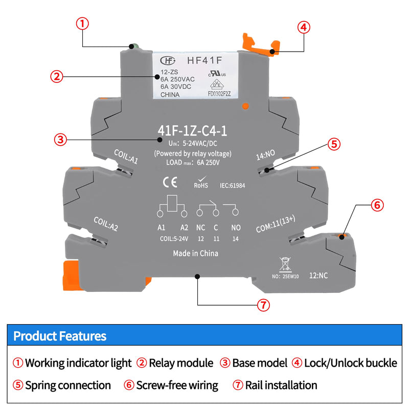(2pcs) 12V Relays,din Rail,12V Coil dc/ac,Silm,PLC Signal Relay,HF41F/12-ZS 5 Pin 1NO 1NC 6A SPDT with LED Indicator SPDT with Jumper with Socket Base,12 Volt Relay dc,Load MAX 6A 250VAC/30VDC 41F-12V 2