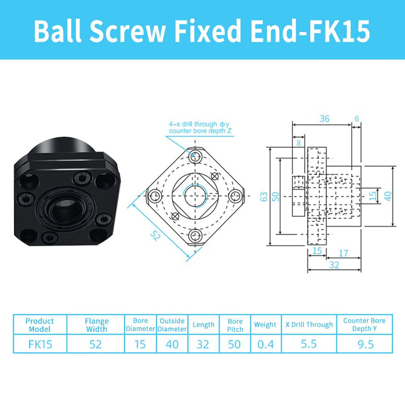 FK15 FF15 Ball Screw End Support, C7 Precision Ballscrew Bearing End Block Set Kit for SFU2005 SFU2010 Accuracy Versatile Use for CNC & Automation Equipment