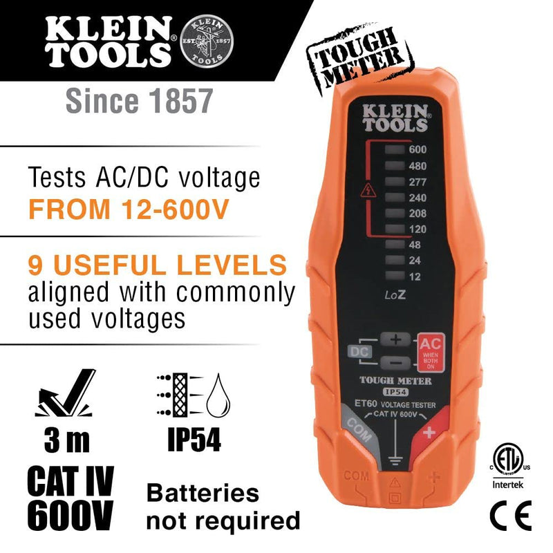 Klein Tools ET60 Voltage Tester, Tests AC and DC Voltage and Low Voltage, No Batteries Needed AC/DC Voltage