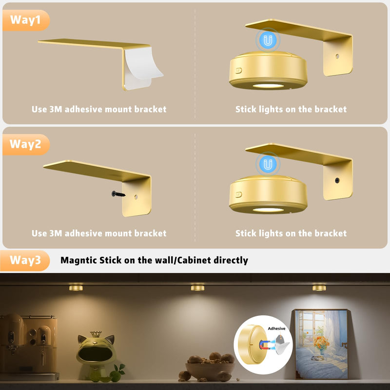 3PCS Picture Lights with Remote, Wireless Rechargeable Battery Wall Light for Paintings, 3 Colors Paintings Light Dimmable and Timer Metal Art Light for Display, Wall, Artwork, Gallery (Gold) Gold