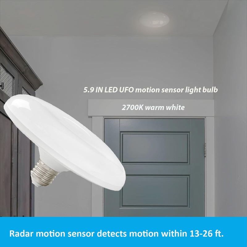 LUXON 15W UFO Radar Motion Sensor Ceiling Light Bulbs,5.9 Inch Dusk to Dawn LED Bulb (100W Equ.),Indoor Outdoor Auto On/Off E26 Base Soft White for Front Door,Porch,Garage,Security,Pack of 2.