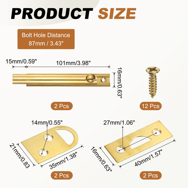 uxcell 2Pcs 4" Solid Brass Surface Bolt, Concealed Security Slide Latch Door Lock with Screws, Polished French Door Lock for Closet Cabinet Recessed Doors, Brass Tone 4 Inch 2
