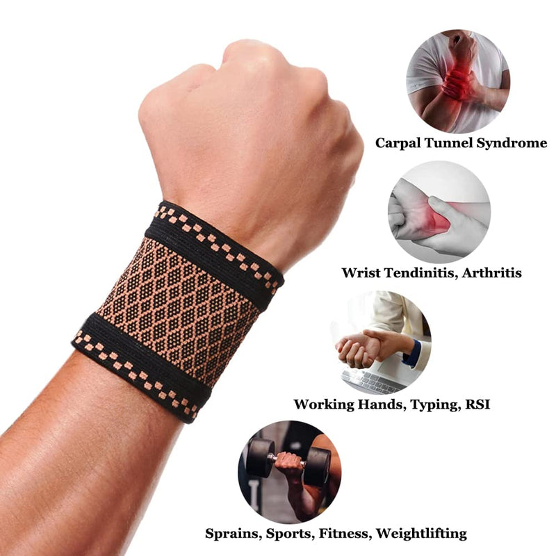 Copper Wrist Compression Brace (2Pcs), Elastic Wrist Support Sleeve Wrist Braces for Tendonitis, Arthritis, Carpal Tunnel Pain Relief, Soft Wrist Wrap Wristbands for Sport, Fitness, Workout, Typing(M) Medium