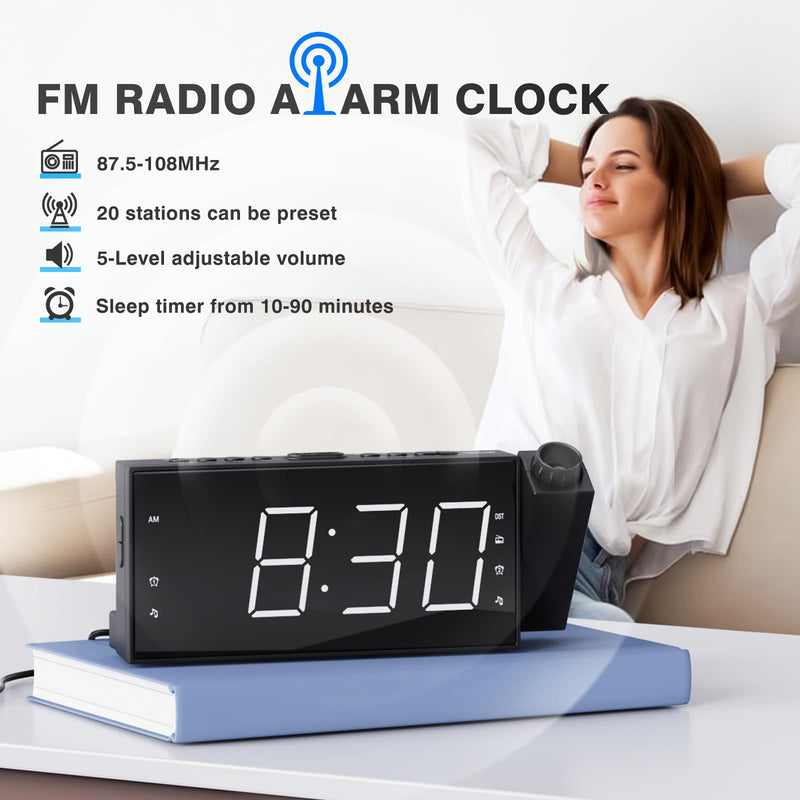 Mesqool Projection Alarm Clock with FM Radio,Large Number Display & Dimmer,USB Charger,Sleep Timer,Battery Backup,Dual Alarms,Clock Radio for Bedroom Heavy Sleepers White Digits