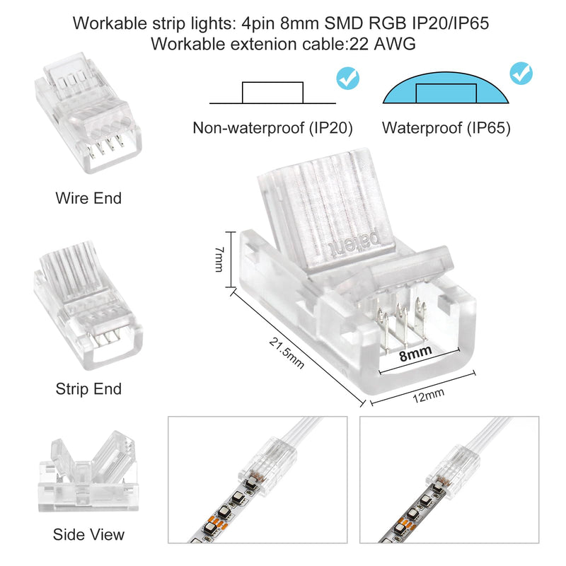 RGBZONE 10Pcs LED Strip Connector 4 Pin 8mm,Wide Strip to Wire Quick Connectors for Waterproof or Non-Waterproof 8mm Wide RGB SMD 5050/3528 LED Light Strip 4pin 8mm strip to wire