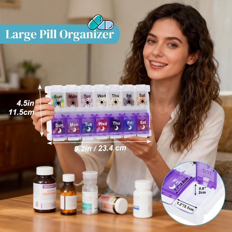Shintop Am Pm Pill Organizer 7 Day, Push Button Weekly Pill Box 2 Times Removable Lid Medication Case Easy Fill Day Night Vitamin Container for Fish Oil Supplements (Purple & White) Purple & White