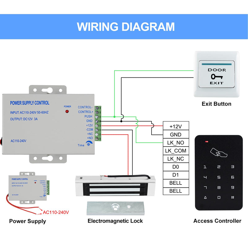 Door Access Control System Kit, RFID Keyboard with Rain Cover, 180/350lbs Magnetic Lock, DC12V Power Supply, 10Pcs 125KHZ ID Keyfobs,Door Safety Switch Applies to Outdoor