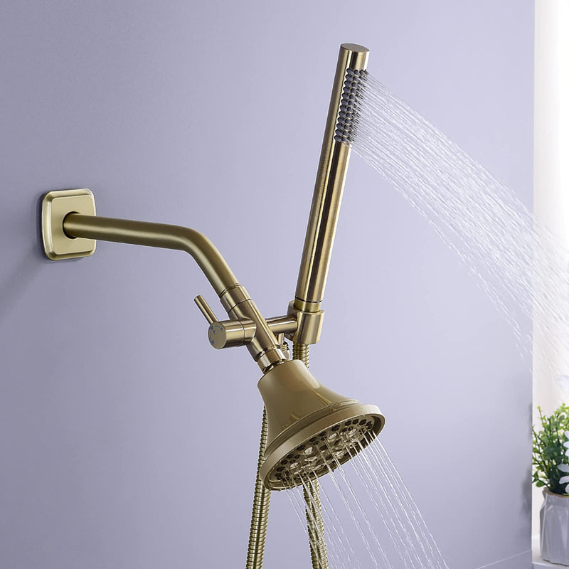 Brushed Gold Shower Arm Diverter with Hand Shower Mount, G1/2 Brass Shower Diverter Valve Bathroom Universal Shower System Replacement for Handheld Shower and Fixed Shower Head Brushed Gold