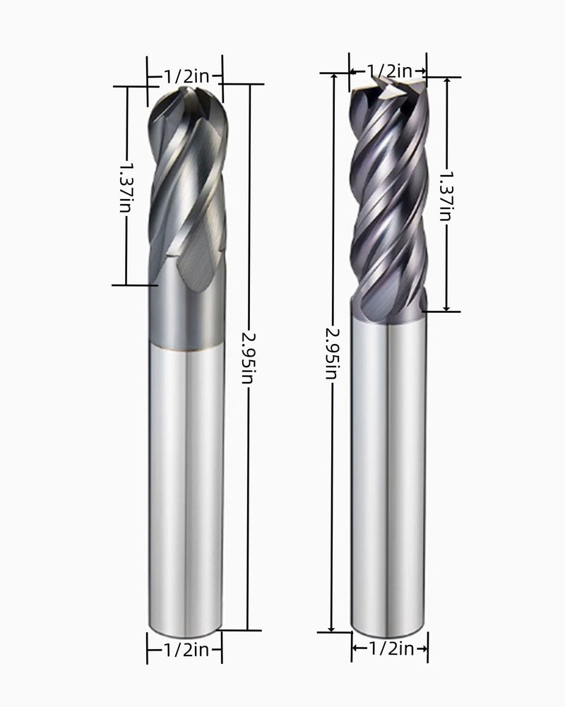 2PCS HRC45 Carbide Square and Ball Nose End Mill Bits Set, Tungsten Steel End Mills Bits Cutter, Carbide End Mills for Alloy Steels/Hardened Steels 4 Flutes (2pcs 1/2" Square and Ball nose End mill) 2pcs 1/2" Square and Ball nose End mill