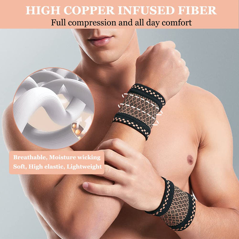 Copper Wrist Compression Brace (2Pcs), Elastic Wrist Support Sleeve Wrist Braces for Tendonitis, Arthritis, Carpal Tunnel Pain Relief, Soft Wrist Wrap Wristbands for Sport, Fitness, Workout, Typing(M) Medium