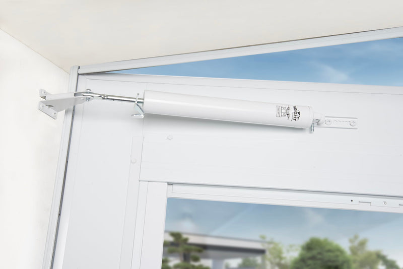 Wright Products Pneumatic Storm Door Closer & Push Button Latch Combo Kit – Adjustable, Smooth-Closing with Hold-Open Feature (Modern, White) Modern