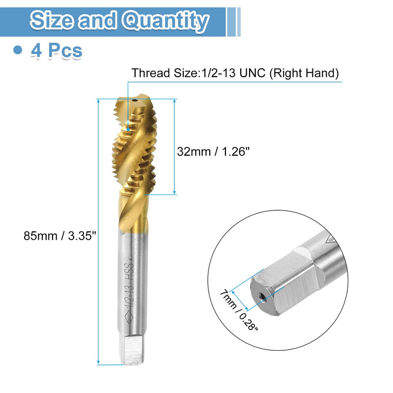 uxcell 4pcs Spiral Flute Thread Taps, 1/2-13 UNC H2 Screw Threading Tap, Titanium Coated 6542 High Speed Steel Machine Tapping Tools for Machinist Repair