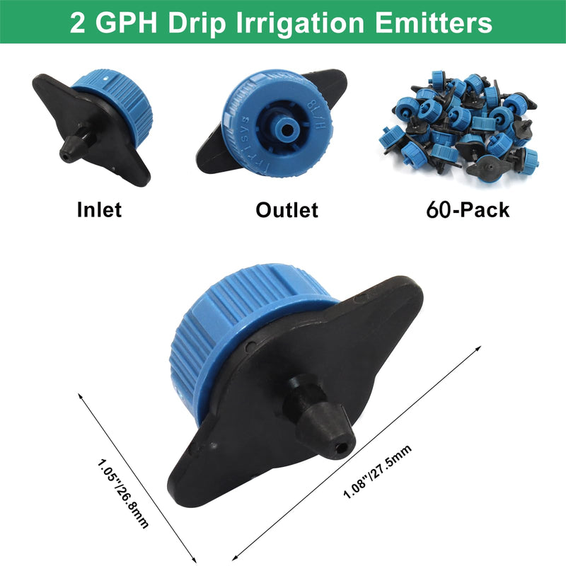 60 Pcs Drip Irrigation Emitters, 2 GPH Pressure Compensating Irrigation Drippers for Garden Lawn Watering Irrigation System, Blue 2 GPH - 60Pcs