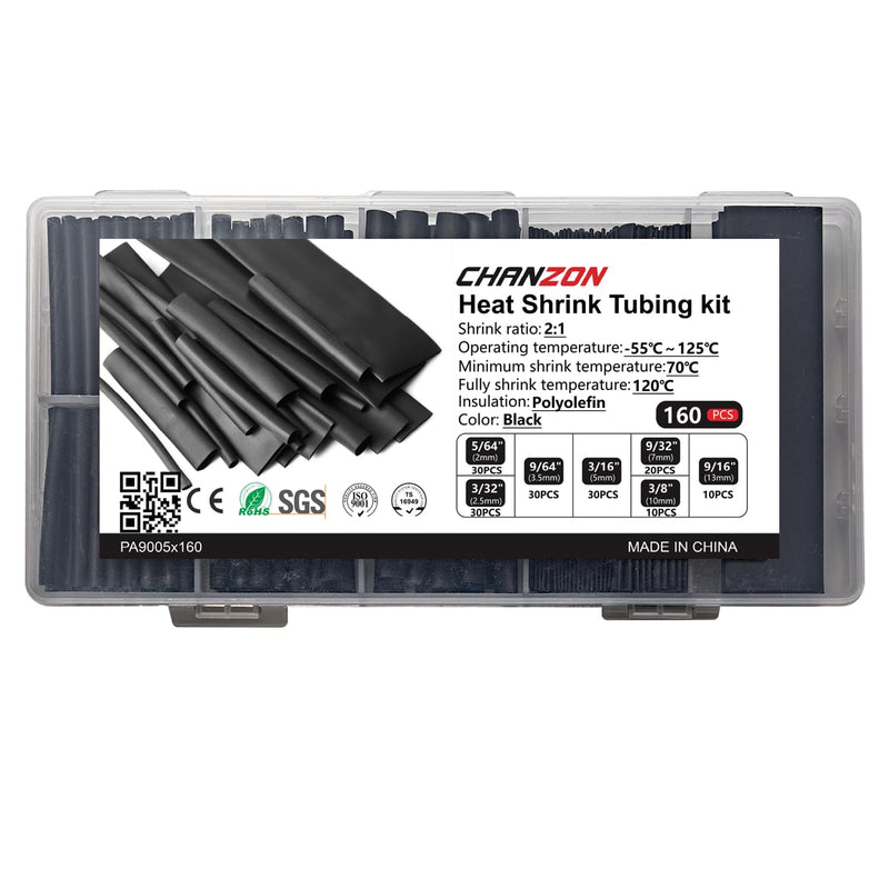 Chanzon 160 Pcs Heat Shrink Tubing Kit, 2:1 Black Heat Shrink Wrap Tubing with Length 1.5" 3" (inch), Polyolefin Sleeving 2 to 1 Heat-Shrink Tube 1.Black