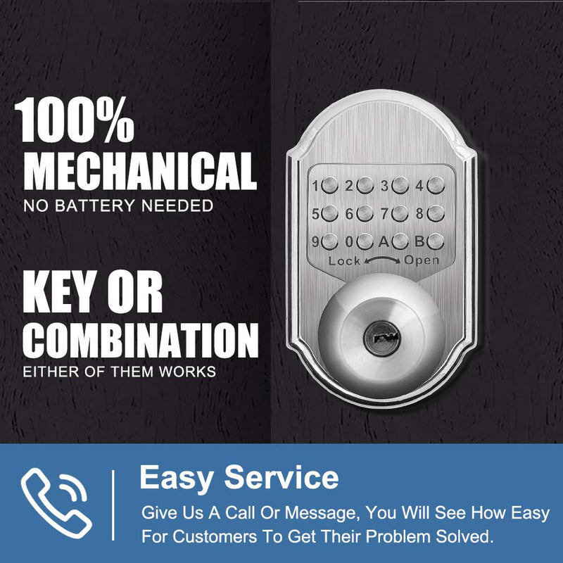 Keyless Entry Keypad Deadbolt Door Lock 304 Stainless Steel 100% Mechanical - No Risk of Low Power