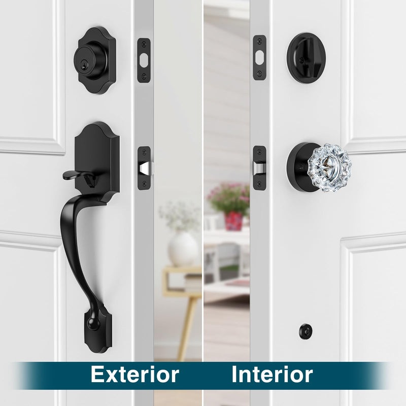 Black Front Door Handle and Deadbolt Set, Front Door Lock Set with Crystal Glass Door Knob, Entry Door Lock Set with Single Cylinder, Reversible for Right & Left, Matte Black Classic