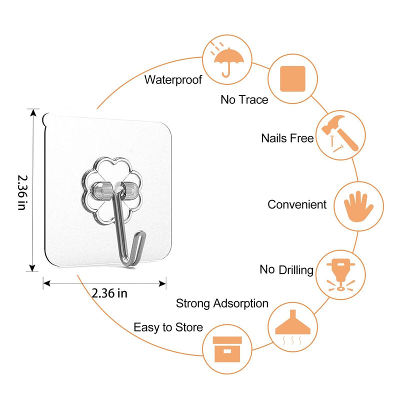Adove Adhesive Hooks for Hanging, Heavy Duty Wall Hooks 20 Pack, Removable Sticky Ceiling Hooks, Transparent Self Adhesive Shower Hooks, Water & Oil Proof Strong 22lb(Max) Door Coat Hooks