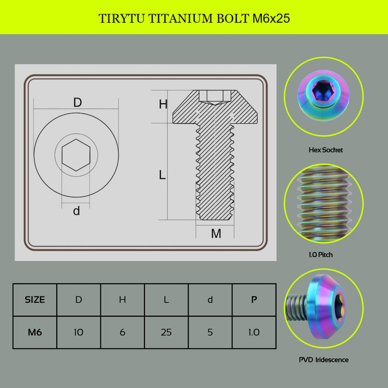 Titanium Bolts M6X25mm, 6PCS, Colorful | Lightweight Design, Ideal for Humid/Salty Environments, M6 Hex Screws, For Motorcycle Brake Calipers & Bicycle Brake Systems M6X25