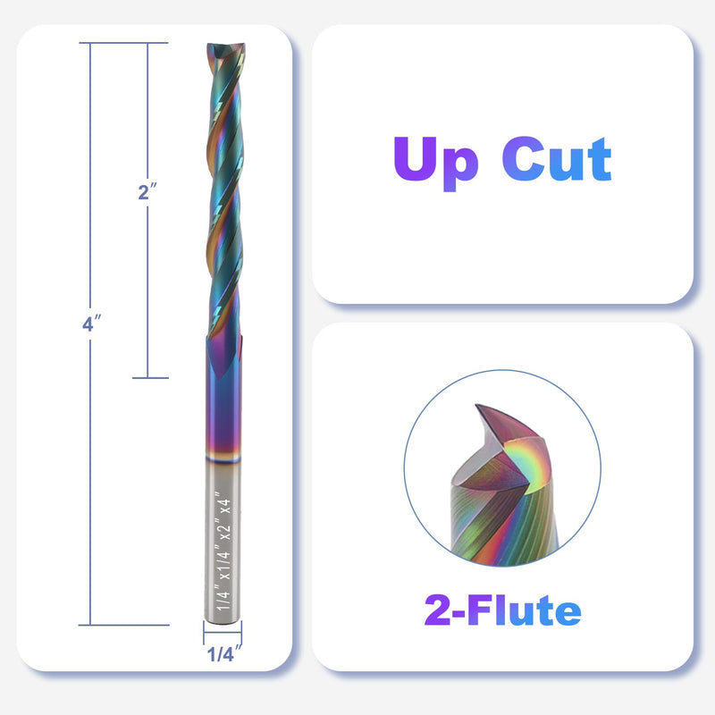 Extra Long 4 Inch Upcut CNC Router Bit 1/4 Inch Shank, 2 Inch Cutting Length, Long Router Bit with DLC Extreme Tool Life Coating, Solid Carbide CNC End Mill for Wood Carving Grooves, Trimming