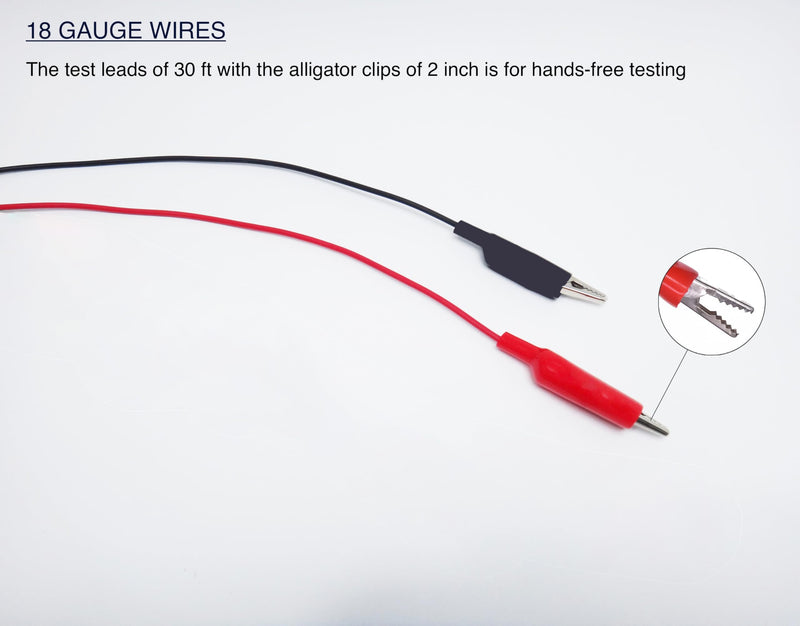 2 Wire 30’ Retractable Test Leads with 2” Alligator Clips, 18 Gauge Electrical Copper Wire, Impact-Resistant Reel, Black