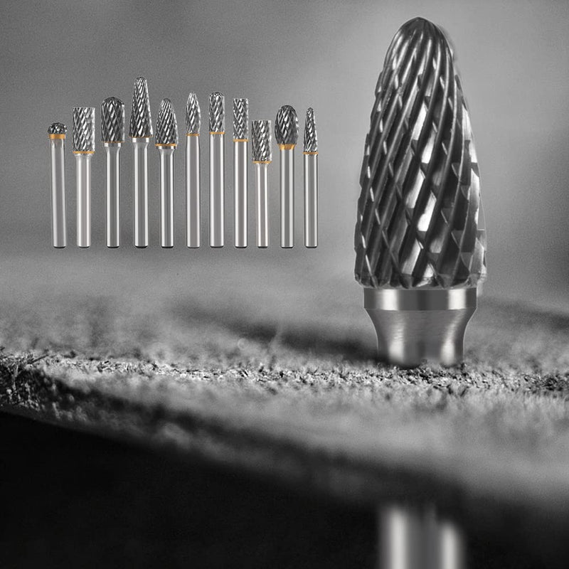 Carbide Burr Set 1/4" Shank 10PC Tungsten Double Cut Carbide Rotary Burr Set for Metal and Wood Carving, Grinding, Polishing, Engraving, Drilling in Sturdy Round Case. 10PC - 1/4 shank