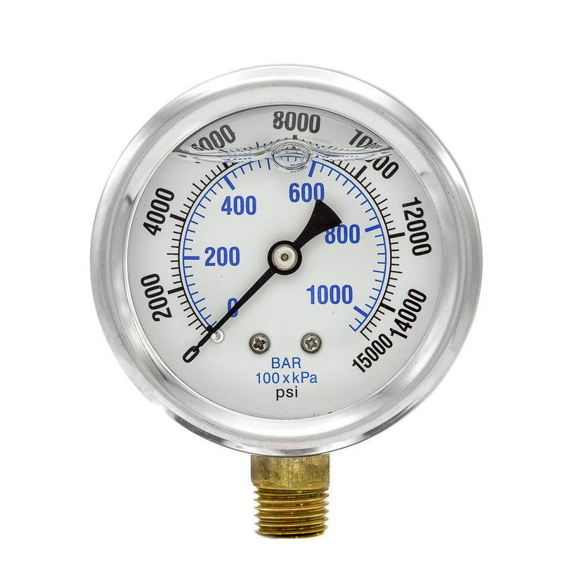 PIC Gauges PRO-201L-254V 0-15000 PSI Pressure Gauge, 2 1/2" Dial, 1/4" Male NPT Connection, Bottom Mount, Dual Scale, Glycerin Filled, Stainless Steel Case/Bezel, Brass Internals & Plastic Lens, -30/0/30 2.5"