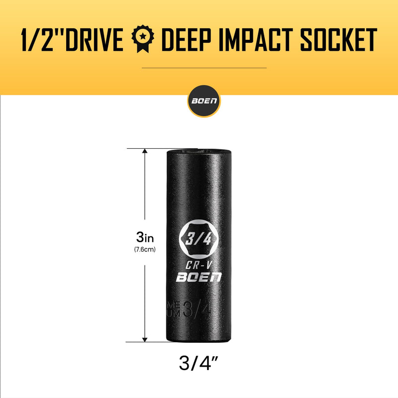 BOEN 1/2" Drive Deep Impact Sockets, Premium Impact Socket, 3/4 Inch Socket, SAE, 6 Point, Cr-V Steel with Laser Marking - Strong and Durable