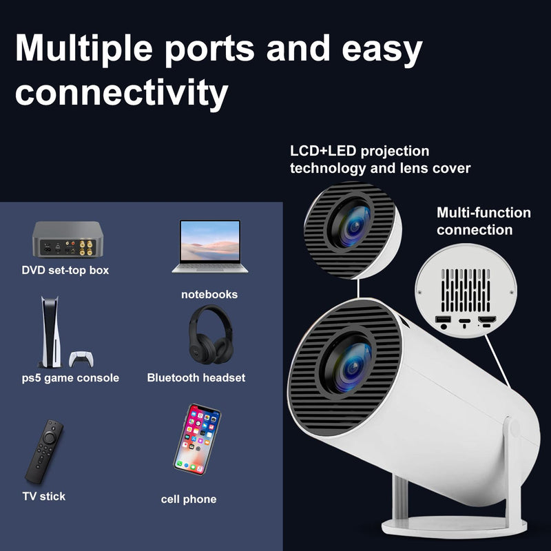 HY300 Mini Projector,Ceiling movie projector,Indoor mini projector，Manual focusing,Compatible with phone, TV Stick , HDMI, USB