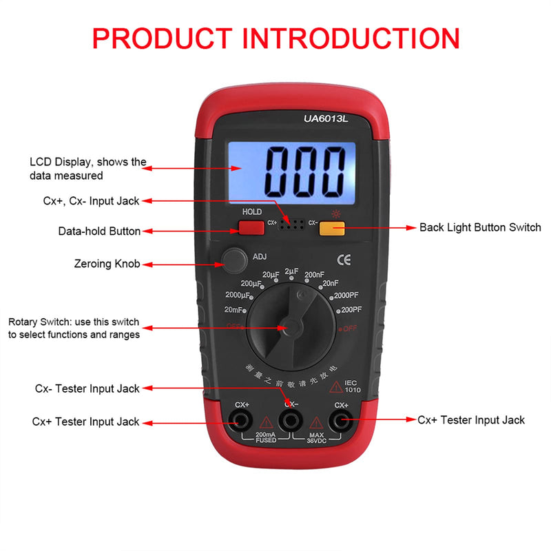 Digital Capacitance Meter Multimeter Professional Capacitor Tester 0.1pF - 20000uF with LCD Backlight and Safety Jacket 1999 Display
