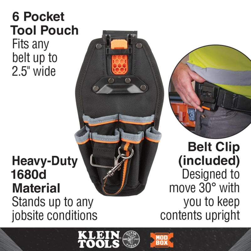Klein Tools 55834MB MODbox Tool Pouch, Electrician Pouch, Quickly Attach and Release from Tool Belts and MODBox Rail System 161-inches Wide 6-Pocket Pouch