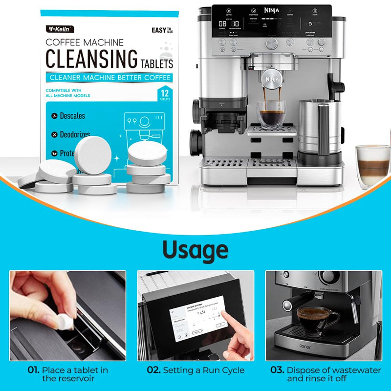 Y-Kelin Coffee Maker Cleaner And Descaler Tablets - 12Count Descaling & Cleaning Solution for Coffee Makers, Pot, Espresso Machines Removes Stains & Oils