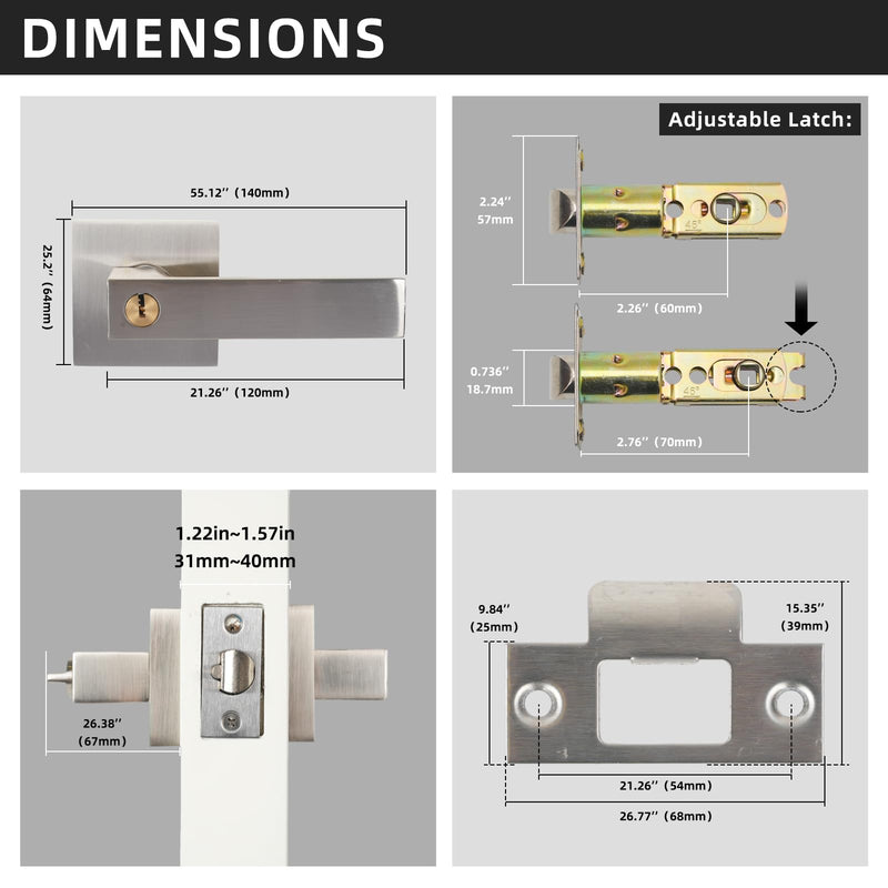 Entrance Lever Door Handle , Square Door Lever for Bedroom or Office, Passage Door Privacy Locking Interior/Exterior Entry Door Knob Silver