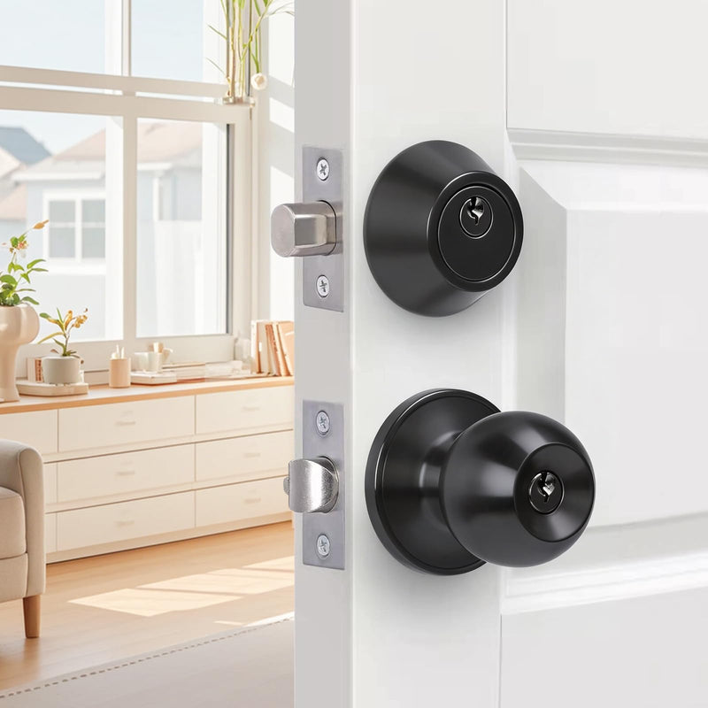 Secure Keyed Entry Door Knob with Lock & Key, Heavy-Duty Exterior Interior Door Lock Handle for Front Door, Home Bedroom Bathroom, Commercial & Residential Entry Door Hardware,Matte Black 1 587ET+D101--Matte Black