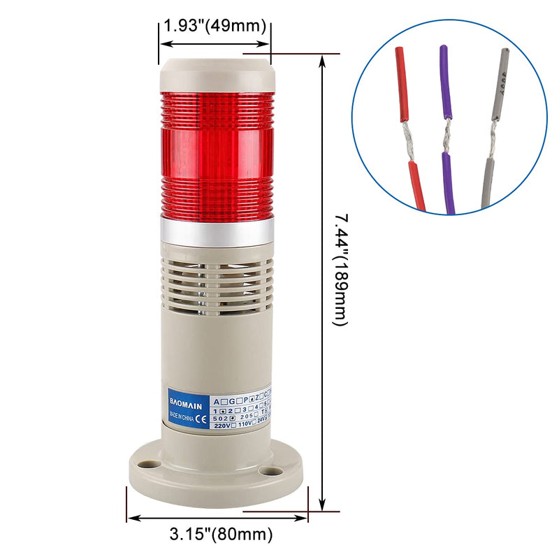 Baomain Alarm Warning Light 220V AC Industrial Buzzer Red LED LTP-502TJ Signal Tower