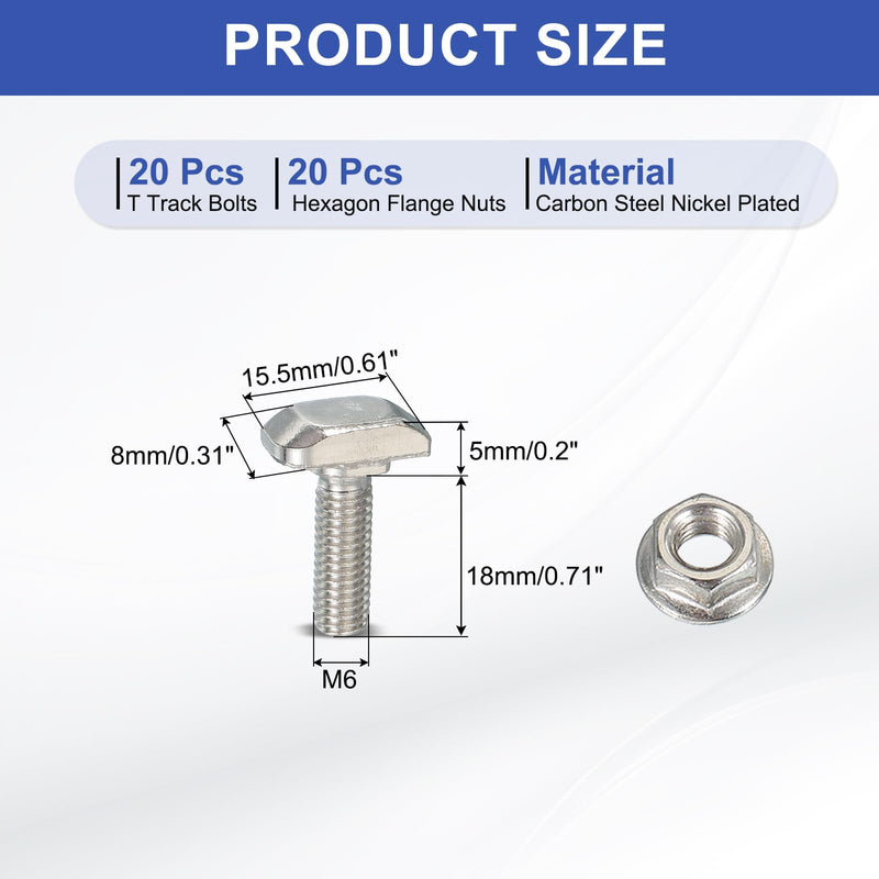 PATIKIL M6 x 20 mm T-Slot Bolts, 1 Set Drop-in Bolt Hammer Head with Hexagon Flange Nuts T-Bolt Stud Sliding Screw for 30 Series Aluminum Extrusion Profile, Silver
