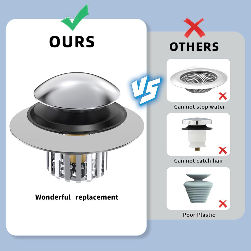 Universal Tub Stopper Bathtub Drain, Drain Hair Catcher and Cover, Pop Up Tub Stopper Bathtub Drain Plug Cover Replaces Bath Tub Lift and Turn, Tip-Toe and Trip Lever Bathtub Drains (Silver) Silver