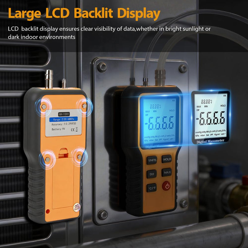 Digital Manometer HVAC, Differential Dual-Port Gas Pressure Tester, | 12 Units Differential Pressure Gauge, Data Storage & Zeroing, Air Pressure Meter, LCD Display Backlit for HVAC 0.4&0.4inch