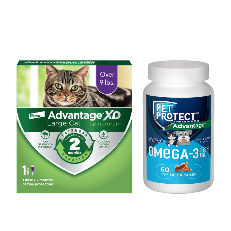 Bundle of Advantage XD Large Cat Over 9lbs. + Pet Protect Omega 3 Supplement for Small Dogs & Cats | 60 Capsules Large Cat + Omega 3