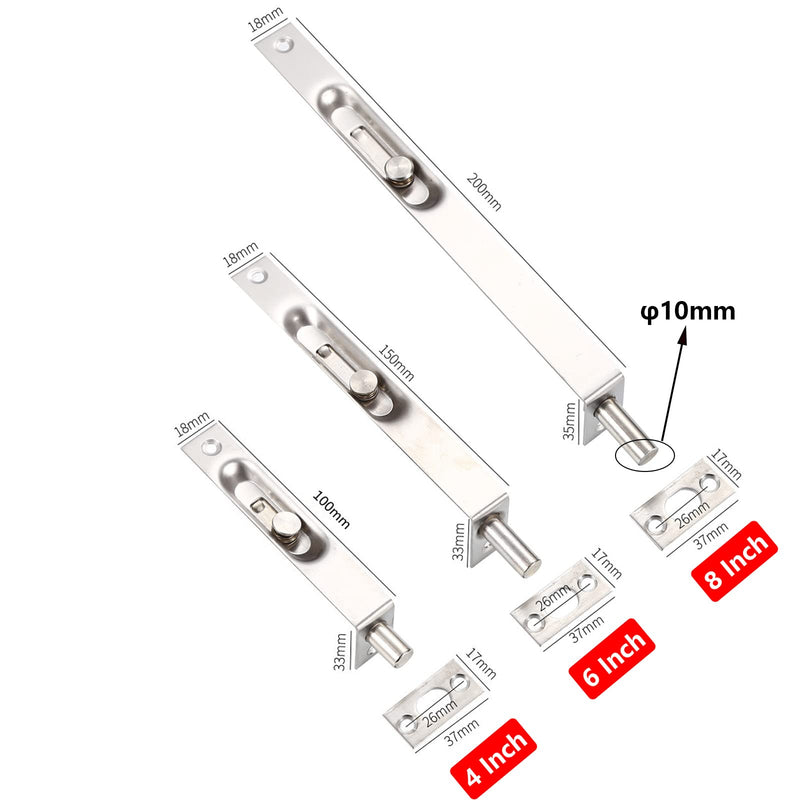 8 Inch Stainless Steel Door Lock Concealed Flush Bolt Slide Latch Bolt with Screws Black (4 Pieces) 8 Inch