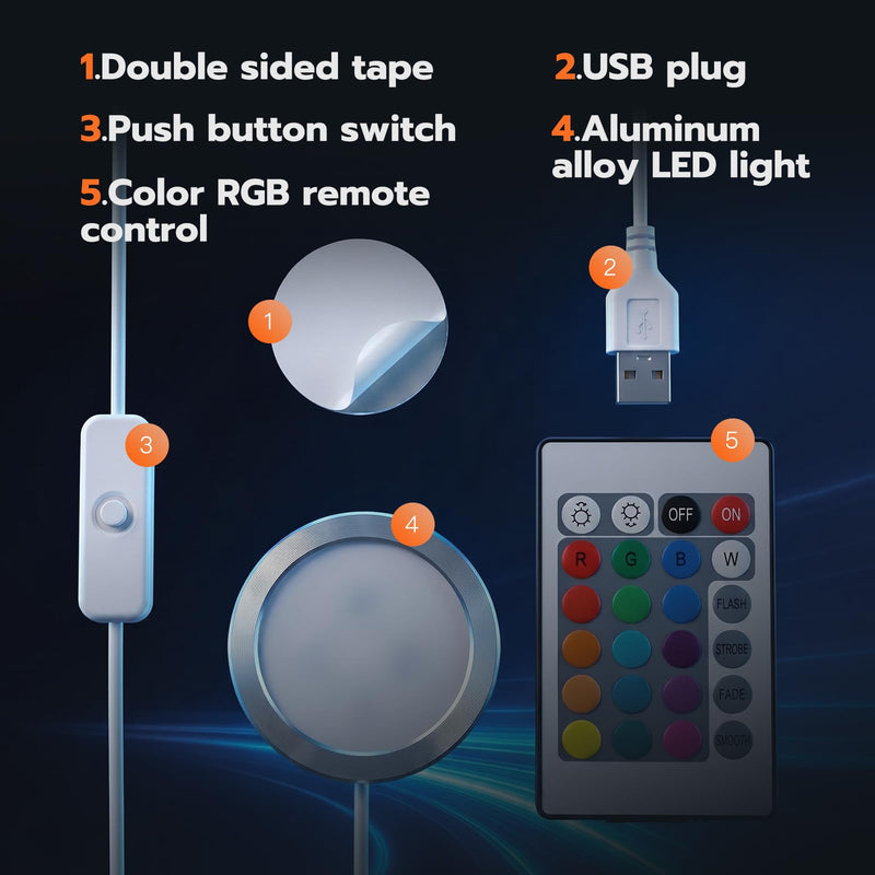 3D Printer LED Lamp Kit 001 with 24-Key Remote Control 16-Colors Changing | 3D Printer Light for Bambu Lab H2D/A1/A1mini/P1S/P1P/X1C, 5V USB Powered Maker's Supply Hardware Kit for MakerWorld（6 Sets） 6