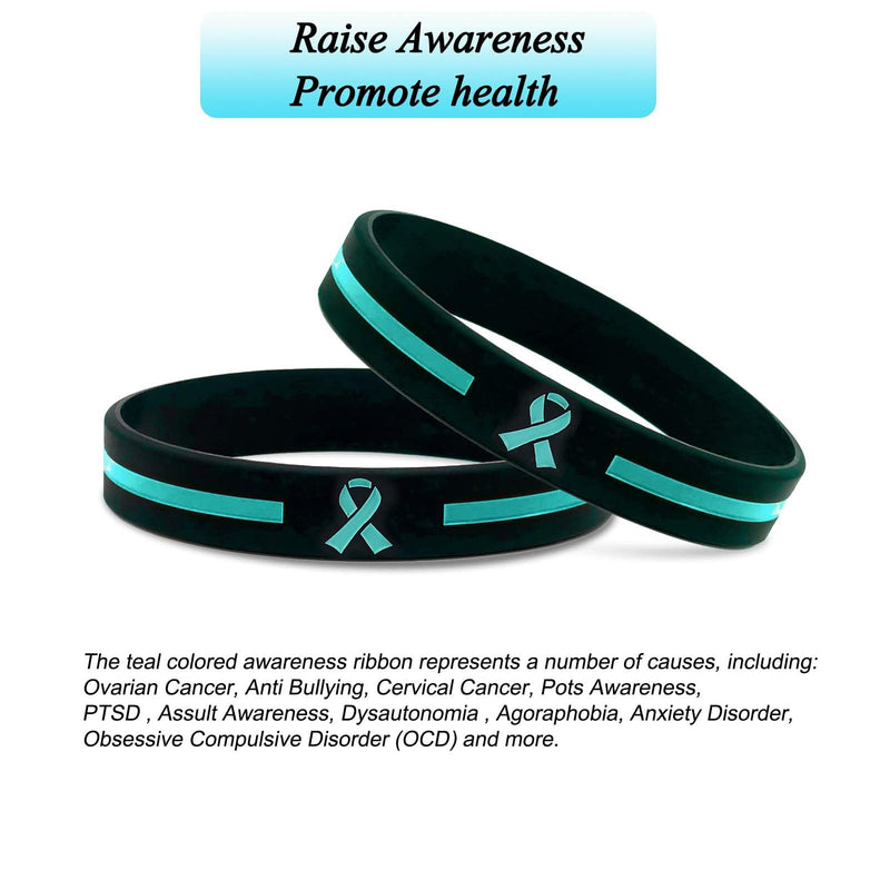 Temogole 60 Pcs Ovarian Cancer Awareness Bracelets Bulk Items Accessories Teal Awareness Ribbon Silicone Wristbands Cervical Cancer Awareness PTSD Products Unisex Wristbands for Men Women Teal