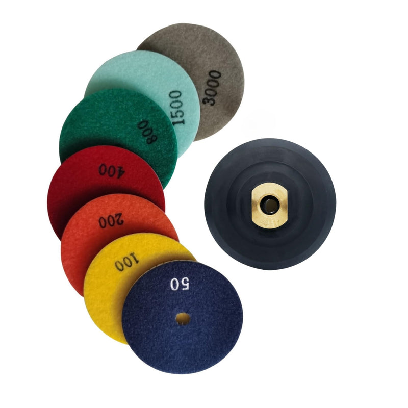 4 Inch Wet Dry Diamond Polishing Pads Set with 5/8-11 Rubber Backer Pads for Marble Quartz Stone Countertop Granite Concrete Polishing 7 pcs 50-3000 Grit Resin