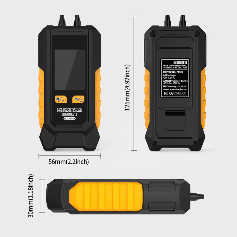 PT503 Manometer Gas Pressure Tester,Dual-Port HVAC Digital Manometer with Range of -100 to 200 KPa, 6 Units, Data Retention, 7Adapters PT503
