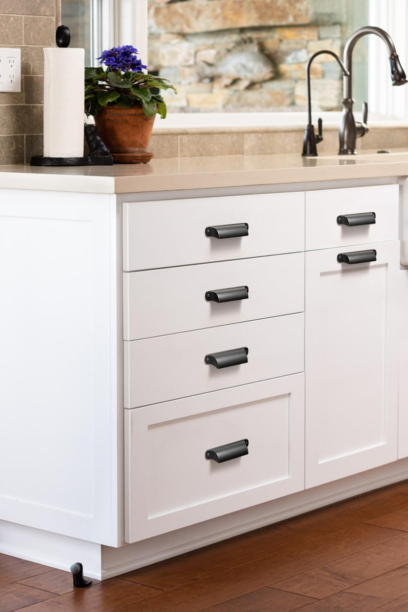 Goo-Ki 6 Pack Cabinet Cup Pulls Matte Black Bin Cup Drawer Pull, 3" c-c Modern Black Cabinet Pulls Solid Dresser Handles Zinc Alloy Kitchen Cabinet Hardware 3 Inches Center-Center