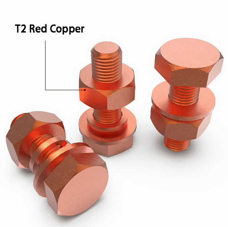 2pcs M10 X 80mm Hexagon Bolts + M10 Hex Nuts + Flat Washers + Spring Lock Washers Kit, T2 Conductive Pure Copper Hex Head Screw Bolt M10x80mm-2pcs
