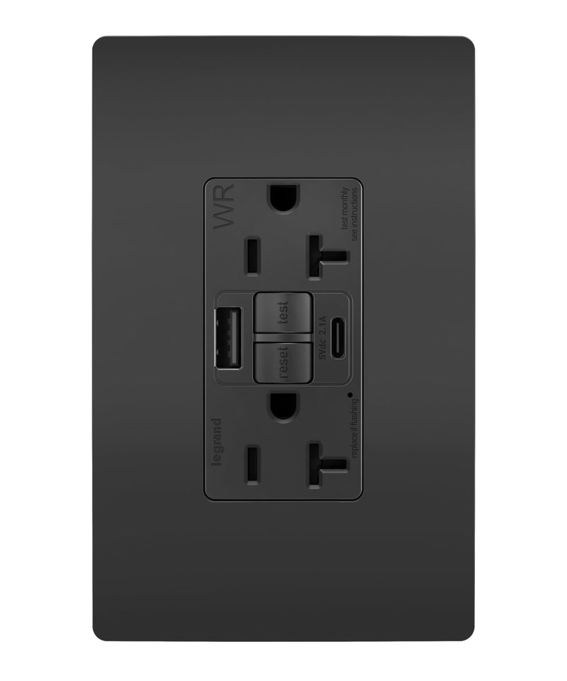 Legrand Pass & Seymour Radiant 20 Amp Hospital-Grade GFCI Wall Power Outlet with 2.0 Amp USB Charger, Black