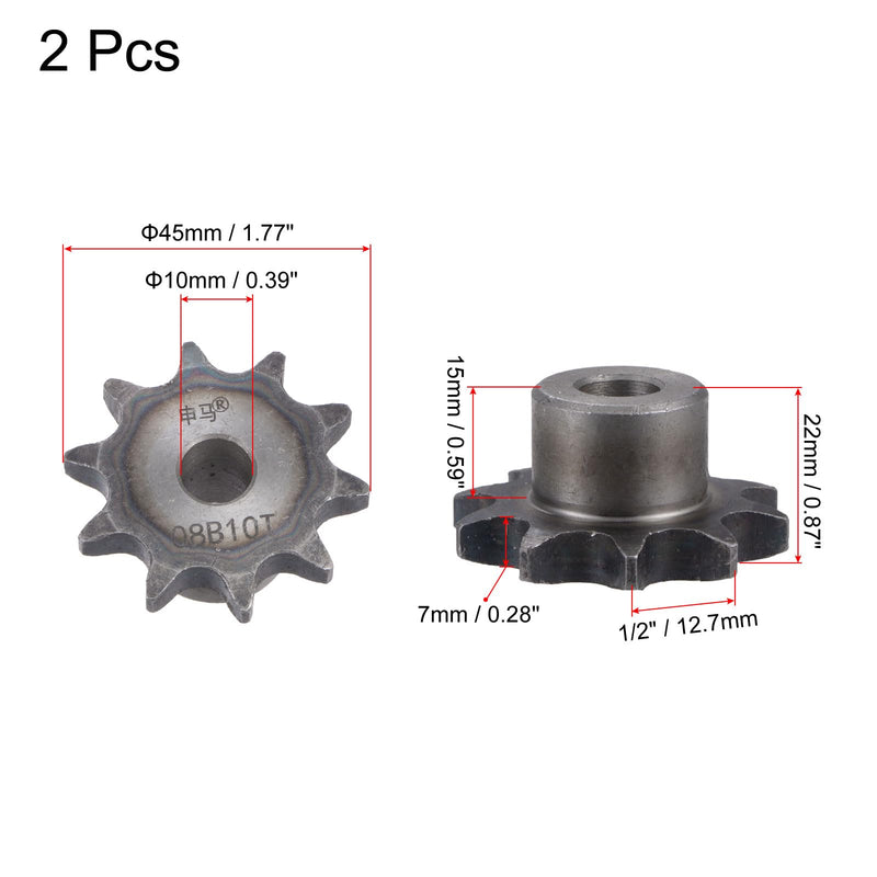 uxcell Chain Roller Sprocket, 10mm Bore 1/2" Pitch 10 Tooth Single Strand Type B Chain Sprocket, A3 Carbon Steel Roller Chain Sprocket for ISO 08B Chain, 2Pcs 45mmx10mm